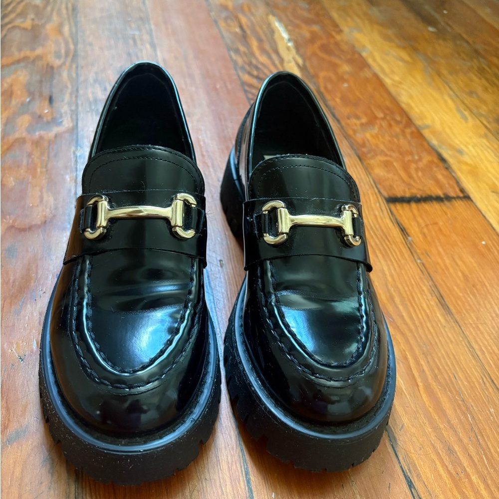 Steve Madden Black Loafers with Gold buckle, “Lando black leather” - Picture 7 of 8